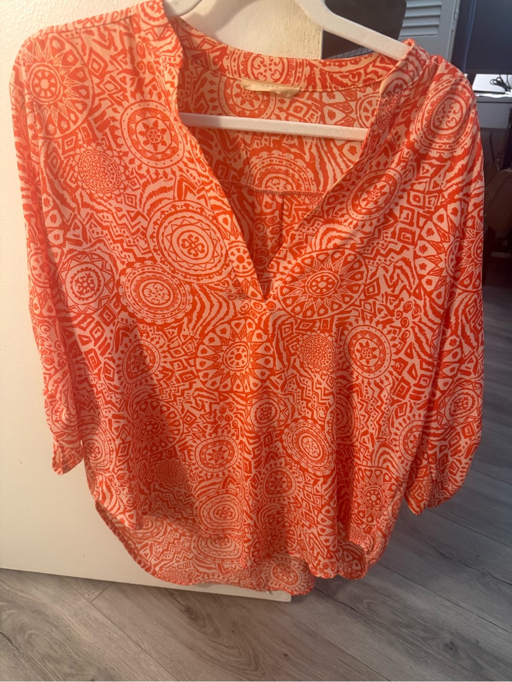 Lush Orange Cream Boho Geometric Medallion Print Flowy Tunic Blouse